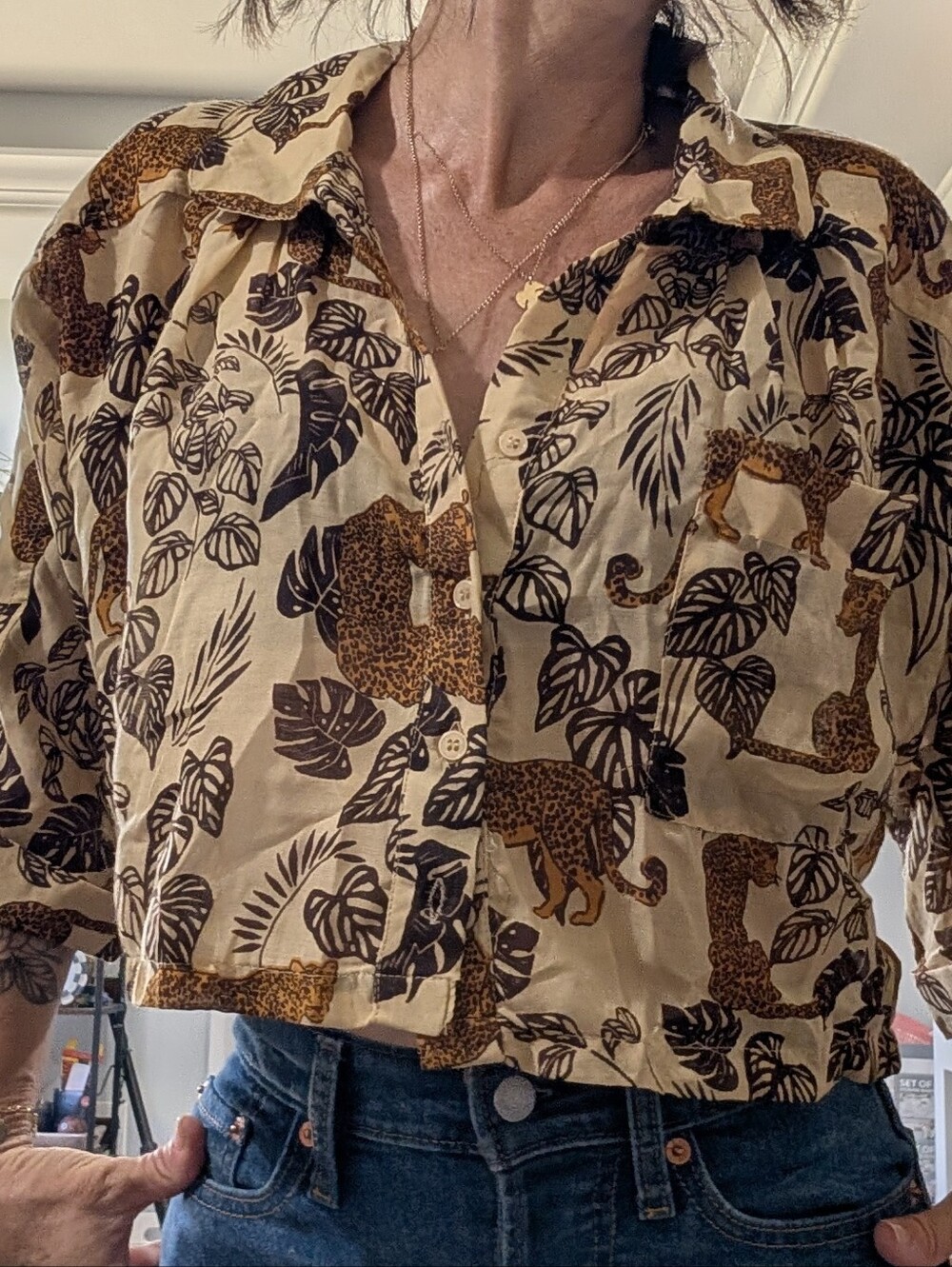leopard and leaves button down